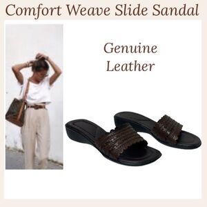 Woven Leather Sandals Brown Comfort Weave Slip On Cut Out Boho Wedge Size 7.5